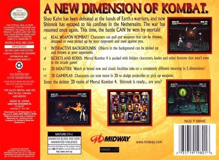 Mortal Kombat 4 - Nintendo 64 N64 - Complete - Tested - Authentic